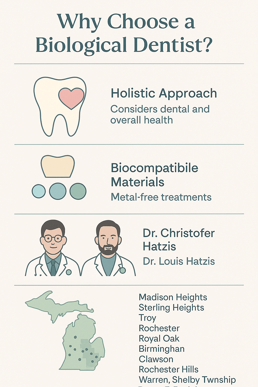 Flat-style infographic titled “Why Choose a Biological Dentist” illustrating benefits such as biocompatible materials, whole-body wellness, and safe protocols. Includes city names like Sterling Heights, Madison Heights, Troy, and Bloomfield Hills, Michigan.
