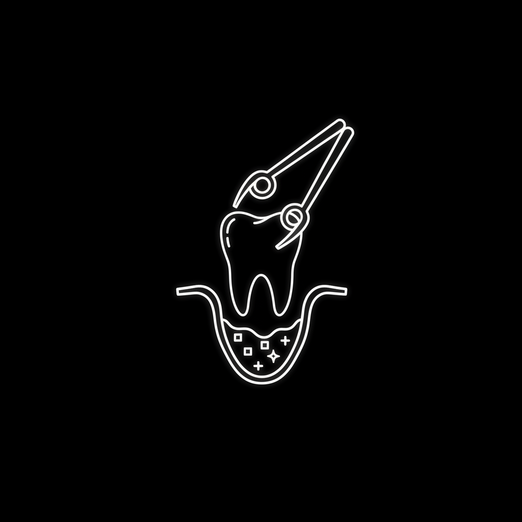 Minimal black‑and‑white surgical dentistry icon representing advanced extractions and bone graft procedures for patients in Madison Heights, Sterling Heights, Birmingham, and Bloomfield Hills.